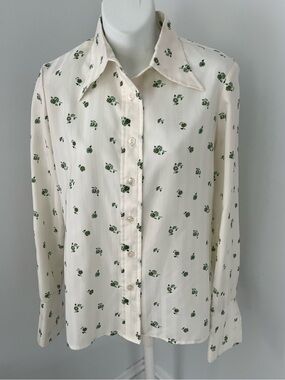 Vintage Judy Wayne Lt. Cream Buttondown Blouse with Green Floral Print Sz. M